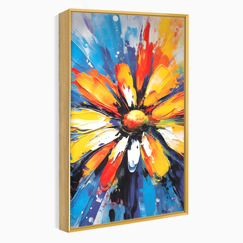 Tablou canvas cu pictura abstracta cu floare colorata, in rama de aluminiu auriu
